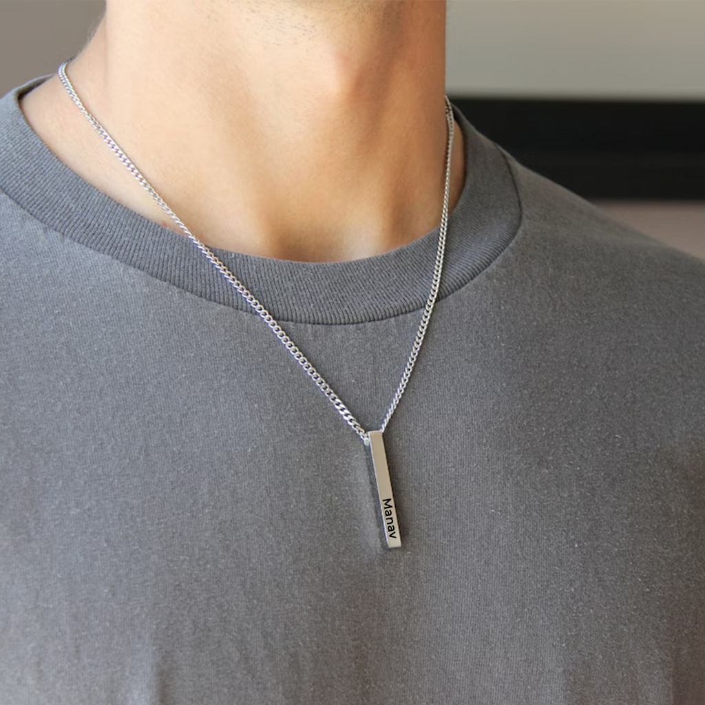 Silver Cuboid Vertical Bar Name Necklace