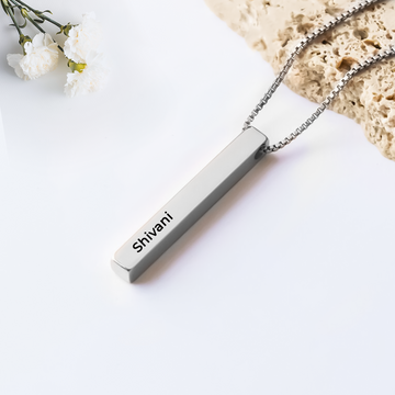 Silver Cuboid Vertical Bar Name Necklace